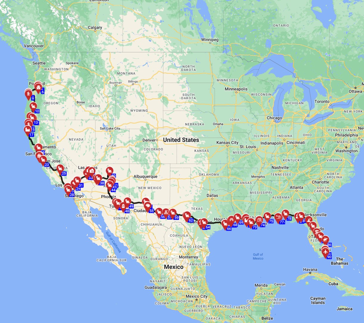 Map for Portland to Miami A Cross Country Odyssey